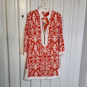 Sheridan French Orange and White Ikat Patterned Cotton Tunic Dress Sz 12 NWT
